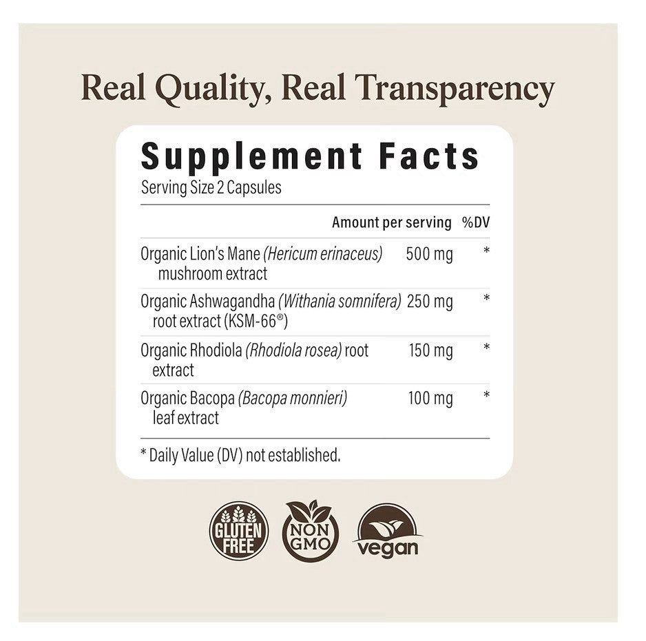 Real Mushrooms RealClarity Lion’s Mane KSM-66 Ashwagandha Rhodiala Bacopa 60Caps