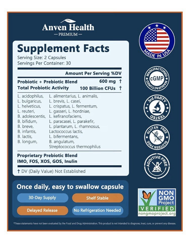 2Pack Anven Health Probiotic Prebiotic 100 Billion CFU for Men, Women 27 Strains