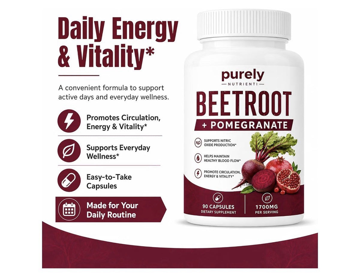 Purely Nutrient Beetroot + Pomegranate Nitric Oxide Production Blood Flow 90caps