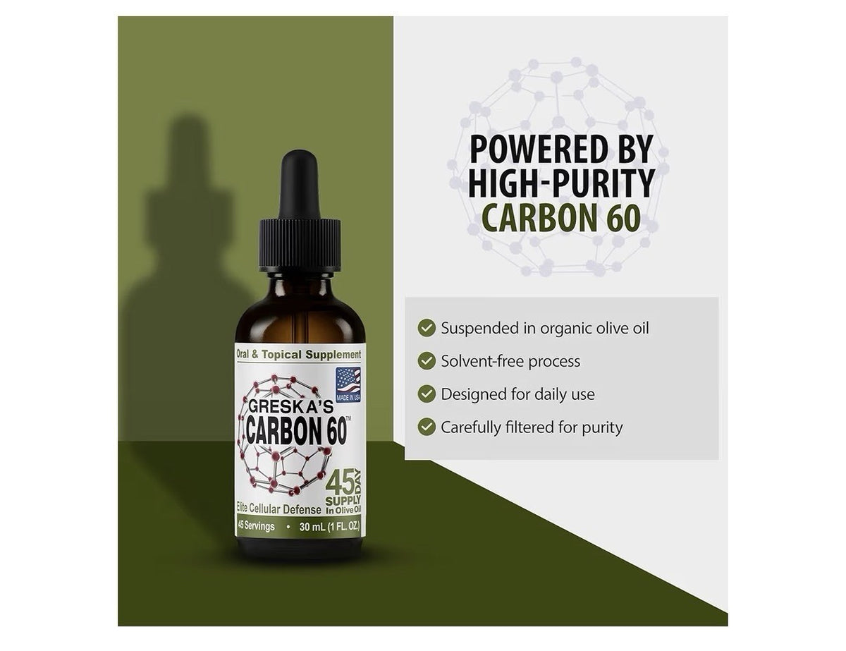 Greska's Carbon-60 Organic Olive Oil Health Energy Vitality Focus 45 Day Supply