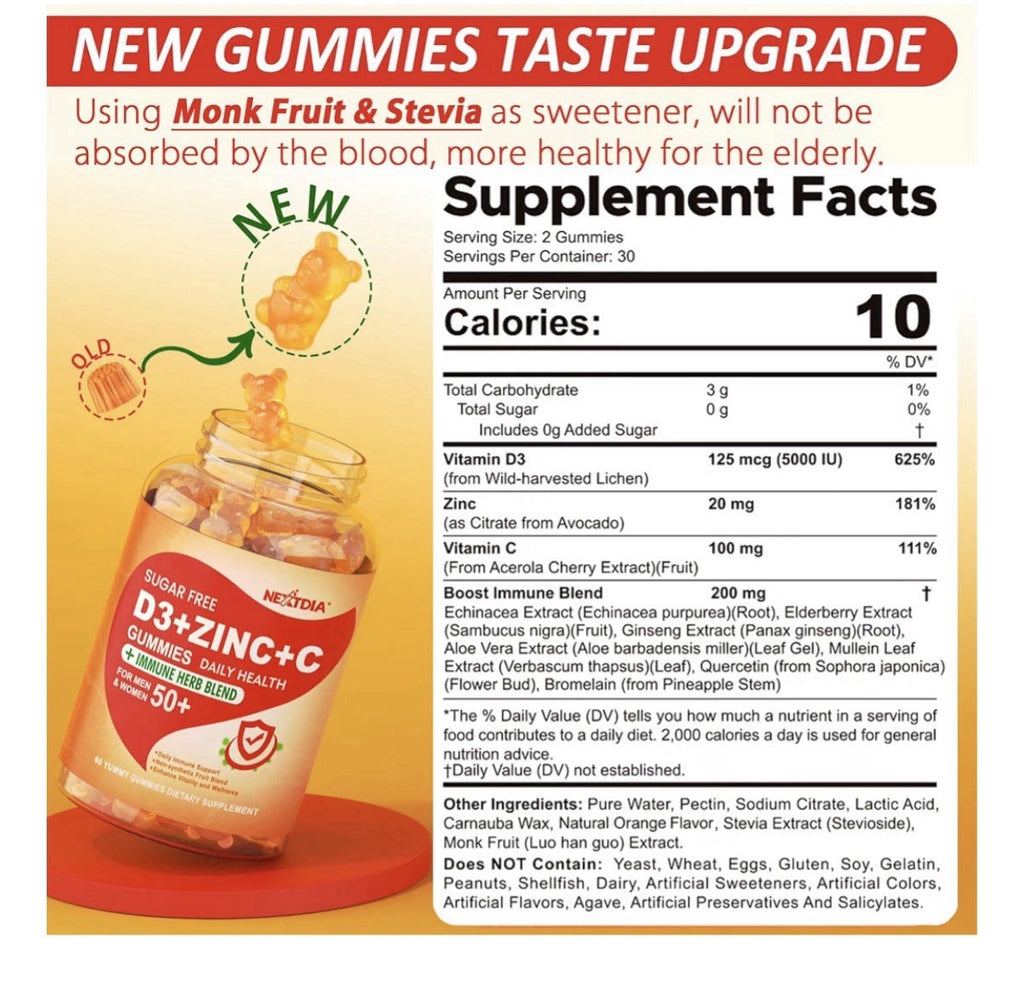 Nextdia D3 + Zinc + C Gummies For Adults 50+ Immune Support 60Gummies Sugar Free