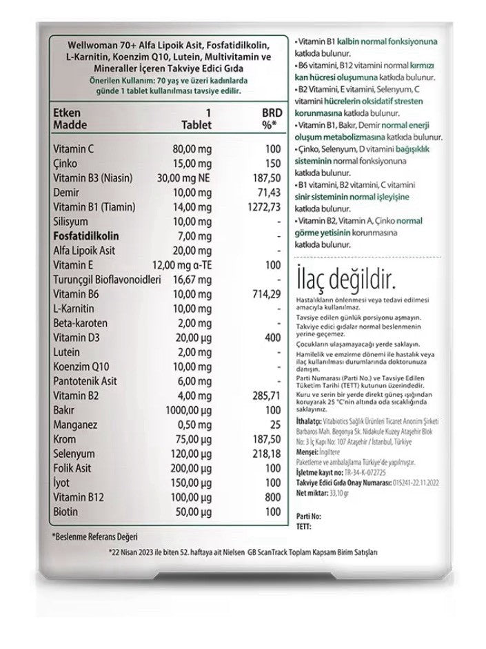 Vitabiotics Wellman 70+ Women Health & Vitality Science Of Healthy Aging 30Tab