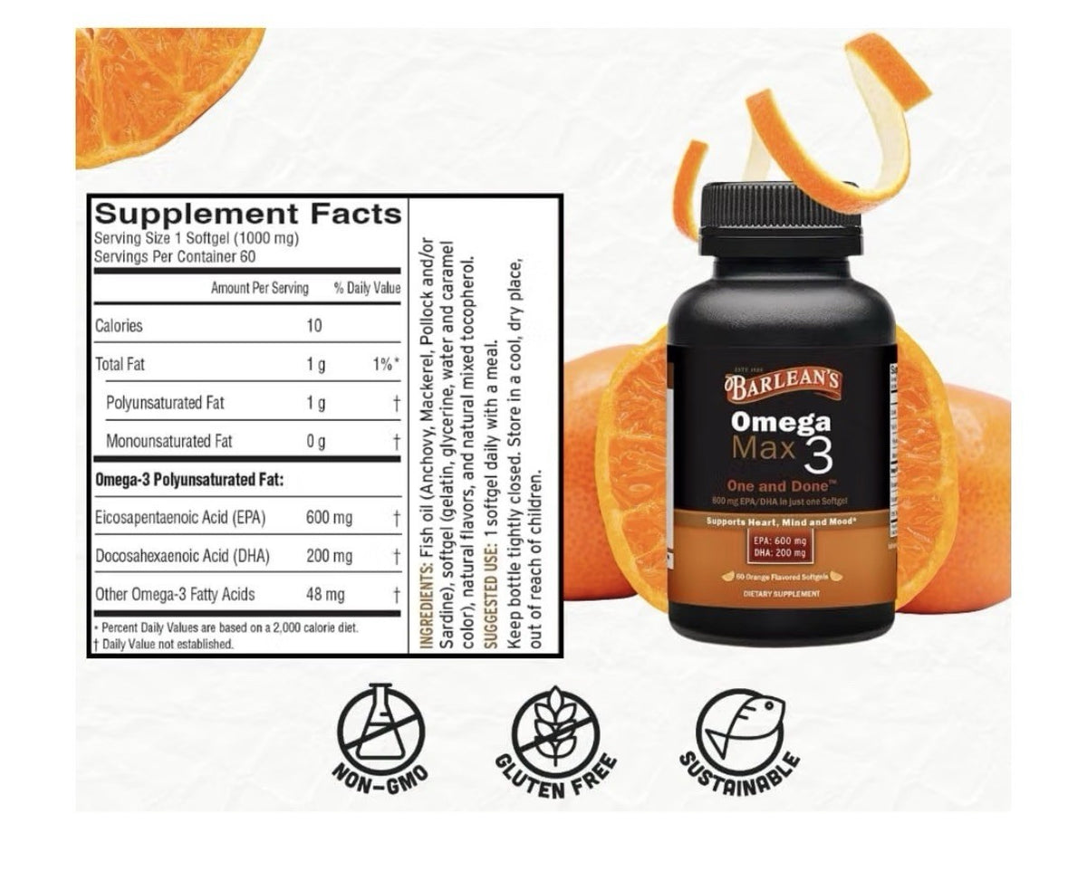 Barlean's Ideal Omega Max 3 Fish Oil EPA DHA 60 Softgels Orange Flavored