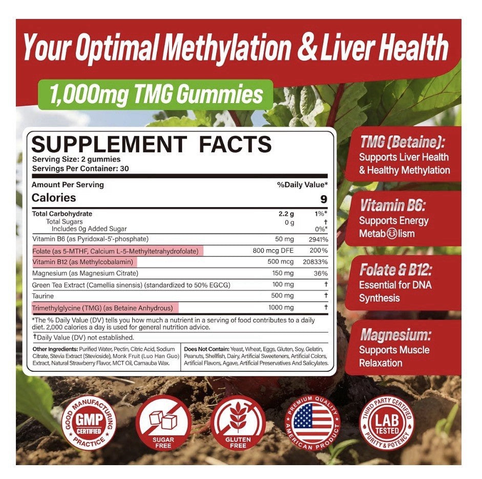 Nextdia TMG Gummies Betaine Anhydrous Trimethylglycine Methylated Vitamins 2Pack