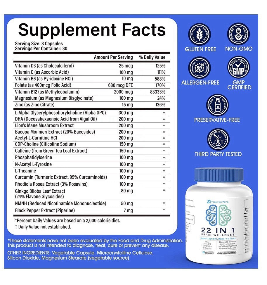 Tzaxyan Pure Brain Wellness for Memory Focus Clarity Cognitive Improvement 90cap