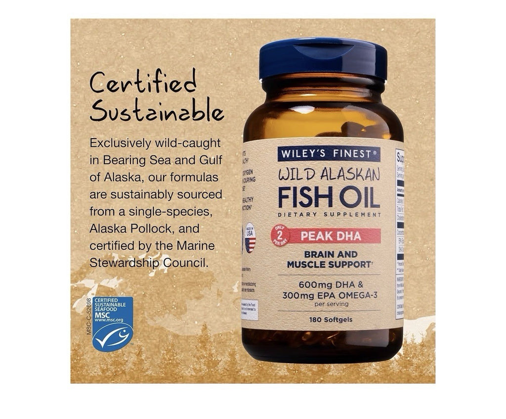 Wiley's Finest Wild Alaskan Fish Oil Peak DHA Brain Muscle Support 180 Softgels