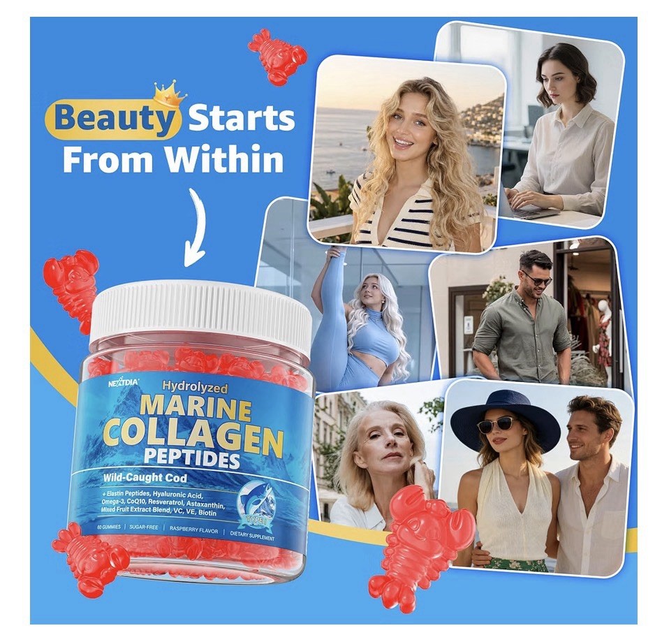 Nextdia Marine Collagen Peptides Gummies Skin Nails Hair Women & Men 60 Gummies
