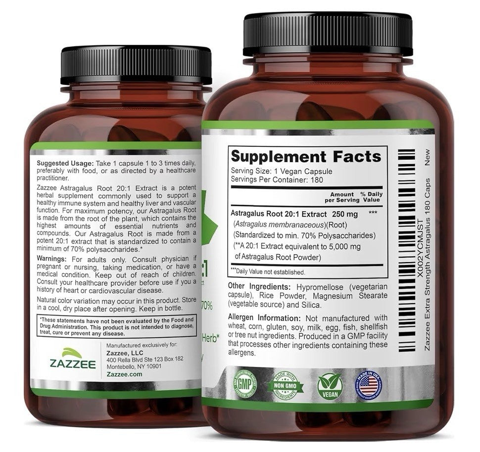 Zazzee Astragalus 70% Polysaccharides Traditional Tonic Herb Liver Support 180ca
