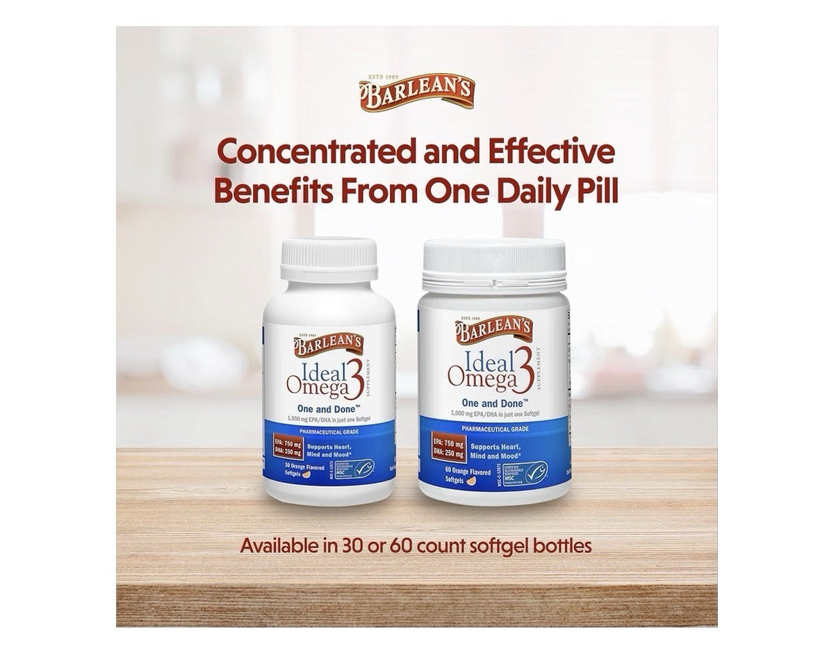 Barlean's Ideal Omega 3 Fish Oil EPA DHA Heart Mind Mood Brain Health 30softgels