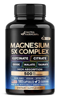 NUTRAHARMONY Magnesium 5x Complex 500mg High Absorption Supplement 180 Capsules