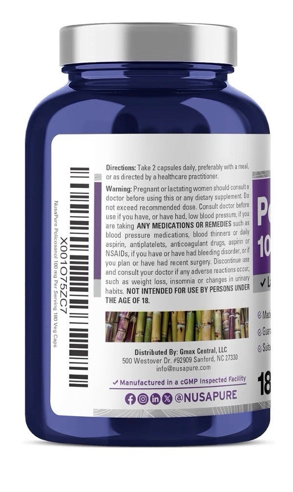 NusaPure Policosanol 100mg Per Serving 180 Veg Capsules 90 Servings