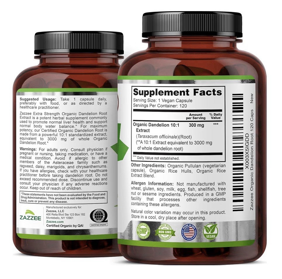 Zazzee Dandelion Root Digestive Water Balance Liver Support 8 Month Supply 2Pack