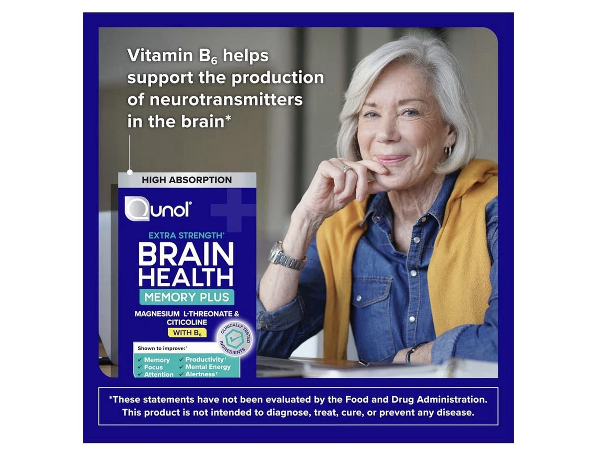 Qunol Brain Health Memory Plus with B6 Memory Focus Attention Alertness 90Tablet