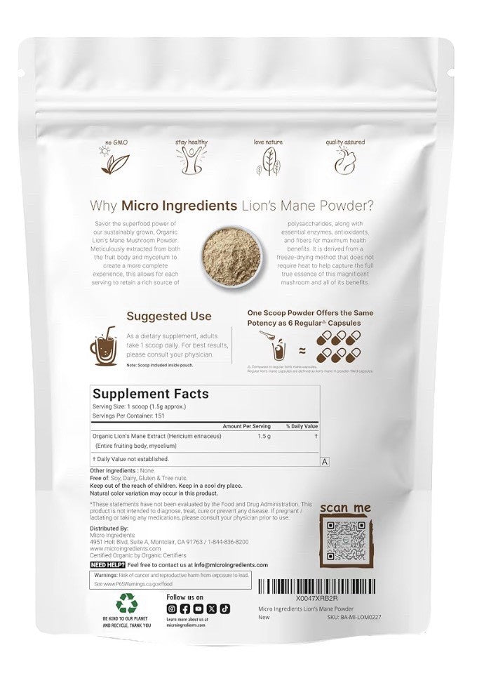 Micro Ingredients Organic Lion’s Mane Mushroom Powder Brain Energy Support 8 oz