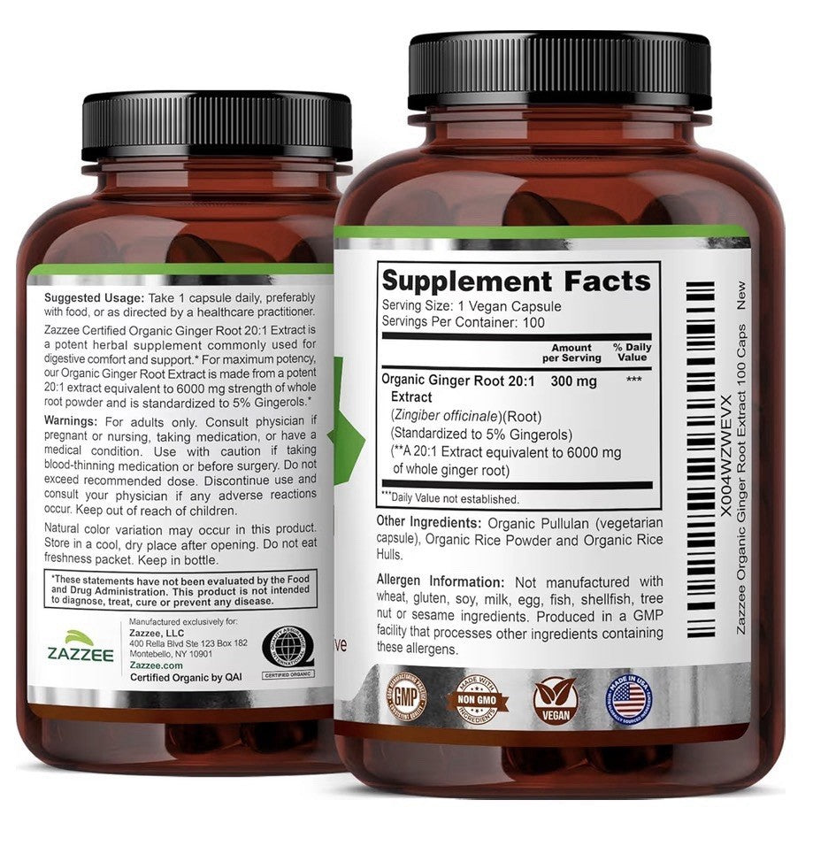 Zazzee Ginger Root 5% Gingerols Support Digestive Comfort 3+ Month Supply 100cap