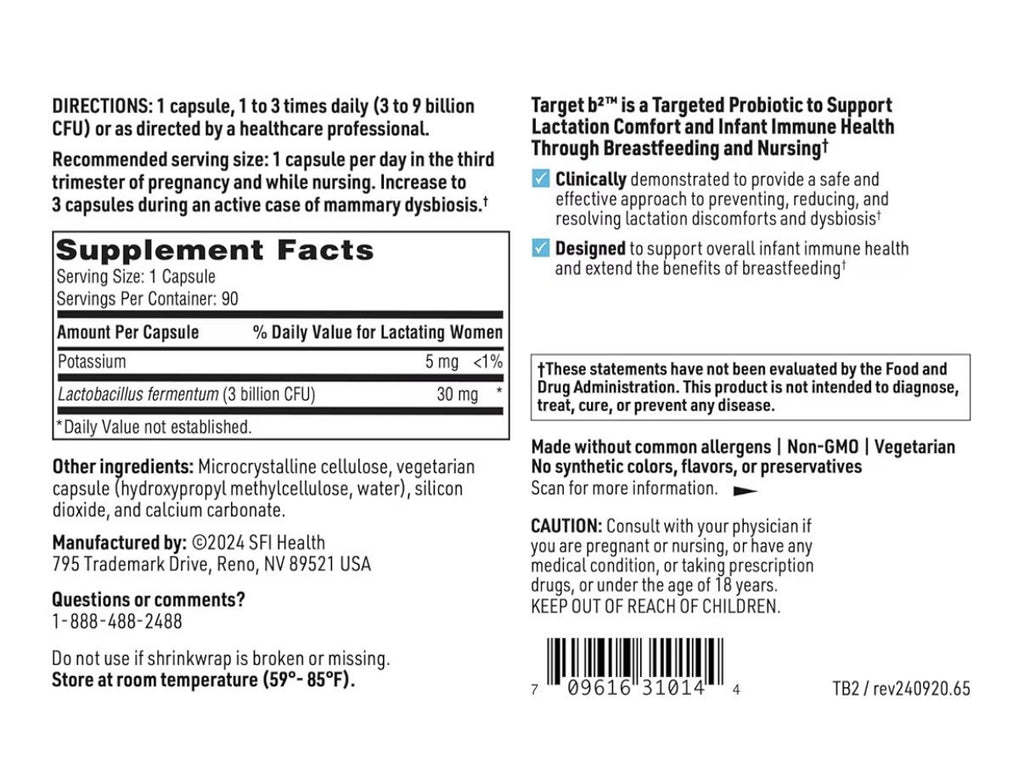 SFI Health Ther-Biotic Target B2 Breast & Baby Probiotic Lactation Support 90ca