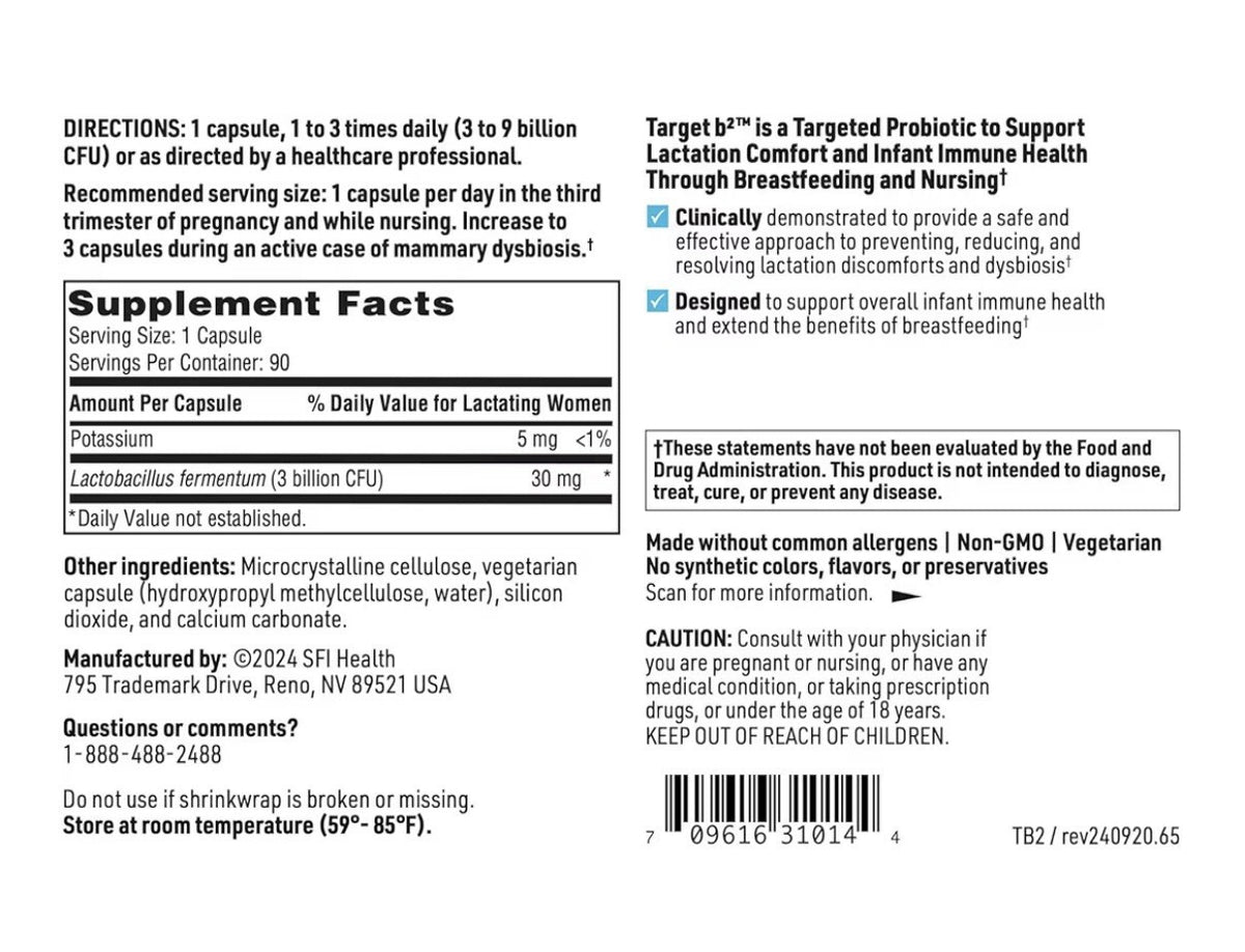 SFI Health Ther-Biotic Target B2 Breast & Baby Probiotic Lactation Support 90ca