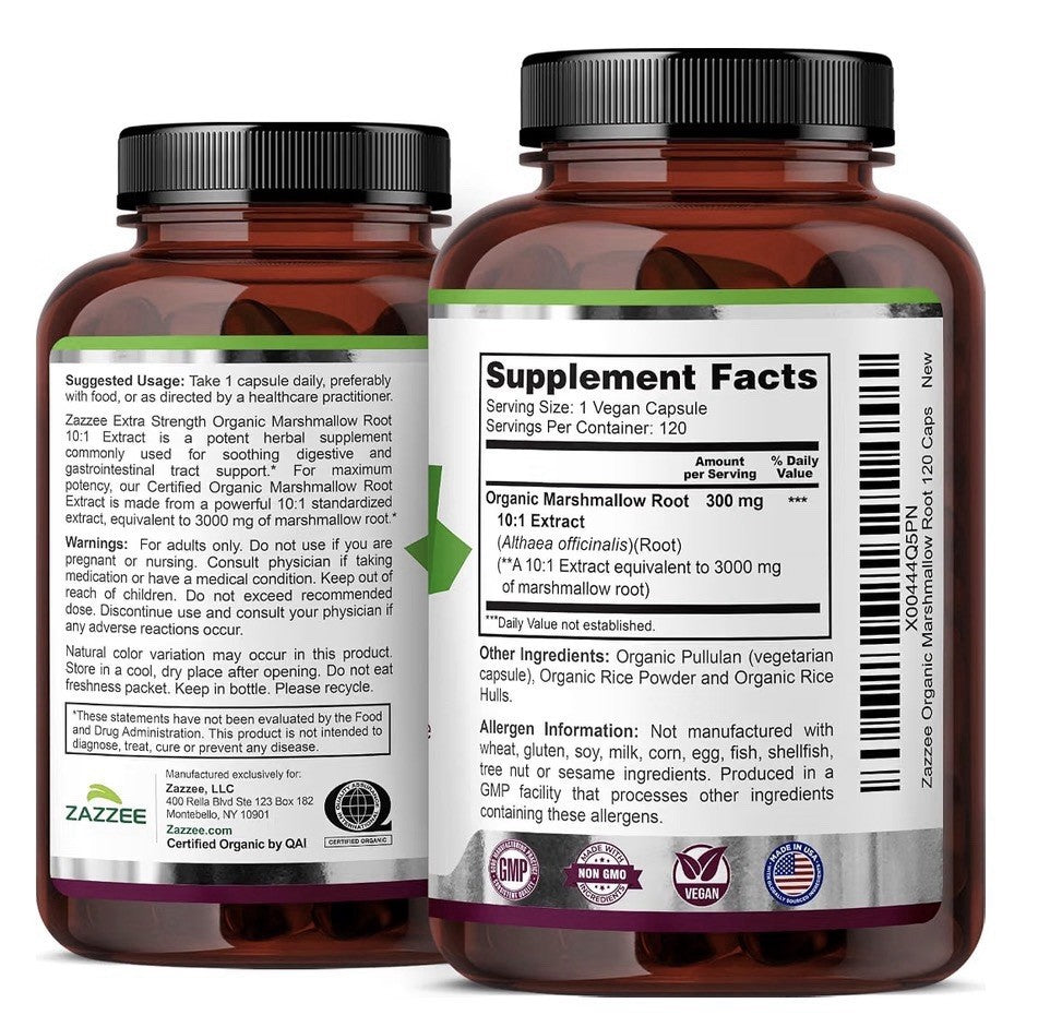 Zazzee Marshmallow Root Digestive Gastrointestinal Support 4 Month Supply 120cap