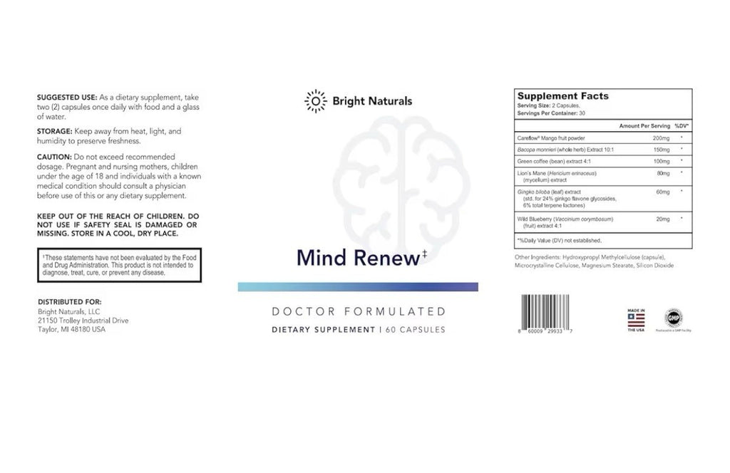 Bright Naturals Mind Renew Brain Supplements For Memory and Focus 60 Capsules