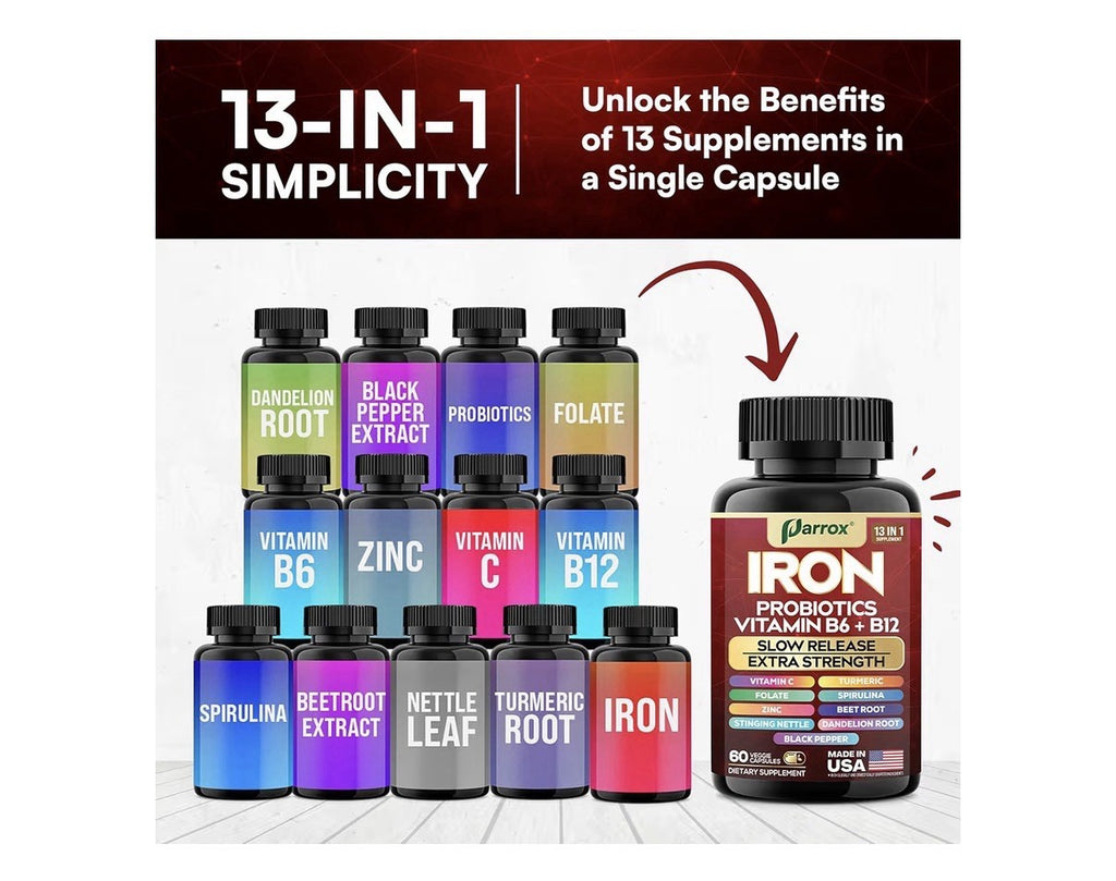 Parrox Iron Probiotics Vitamins B6 + B12 Supplement Extra Strength 60 Capsules