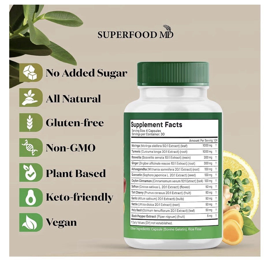 2 Packs Superfood MD Moringa Supplement Turmeric Ginger Boswellia Saffron Basil