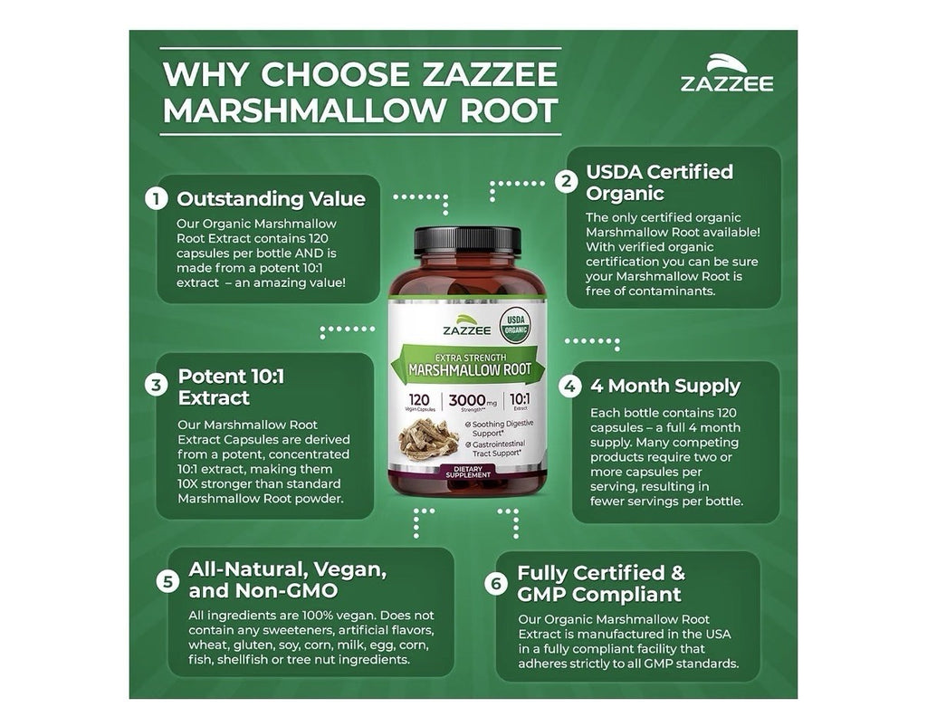 Zazzee Marshmallow Root Digestive Gastrointestinal Support 4 Month Supply 120cap