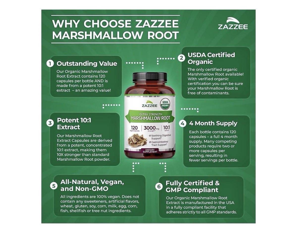 Zazzee Marshmallow Root Digestive Gastrointestinal Support 4 Month Supply 120cap