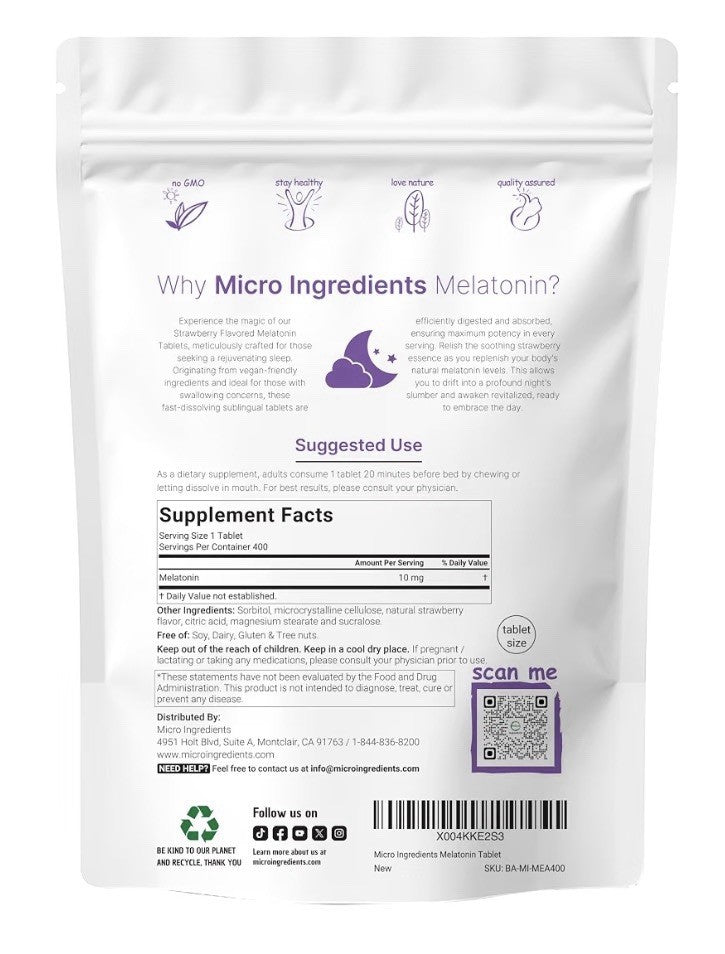 Micro Ingredients Melatonin 10mg 400 Dissolve Tablets Natural Strawberry Flavor