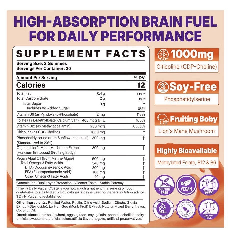 NEVISS Citicoline CDP Choline 1000mg Plus Phosphatidylserine 60 Gummies