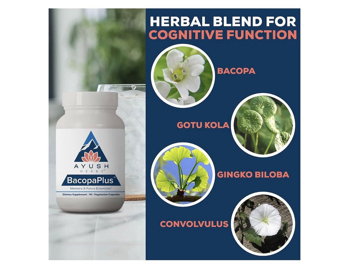 Ayush Herbs BacopaPlus Memory & Focus Essentials Bacopa Gotu Kola 90 Capsules