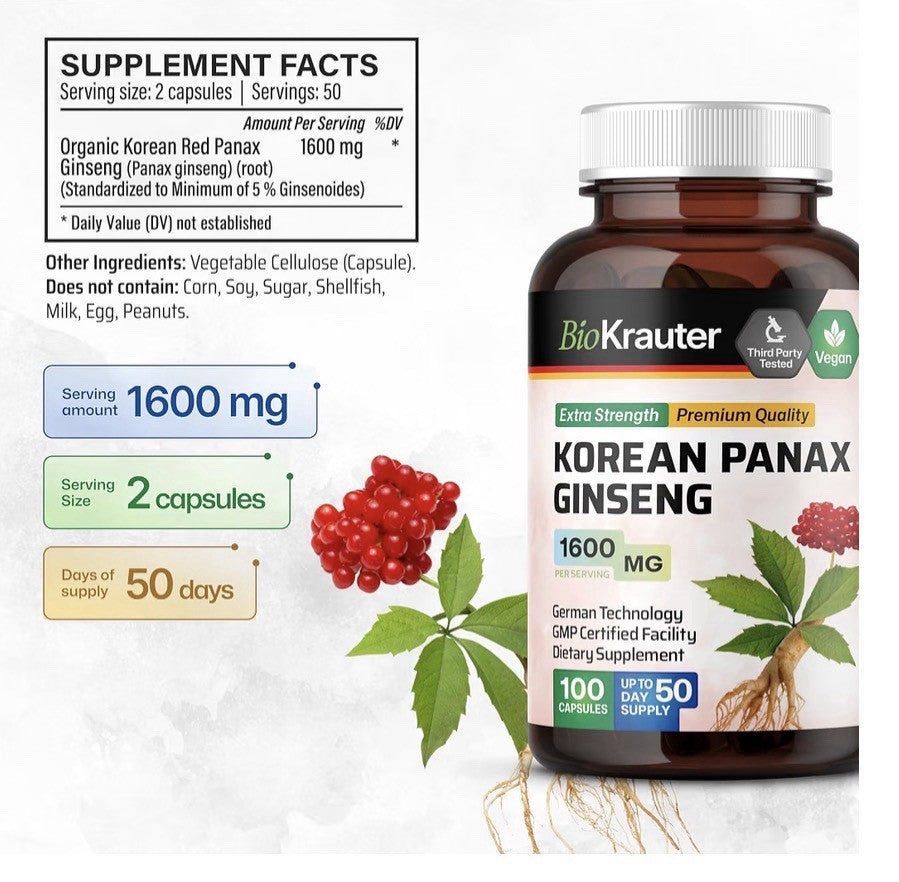 BIO KRAUTER Korean Panax Ginseng Focus Energy Performance Support 100 Capsules