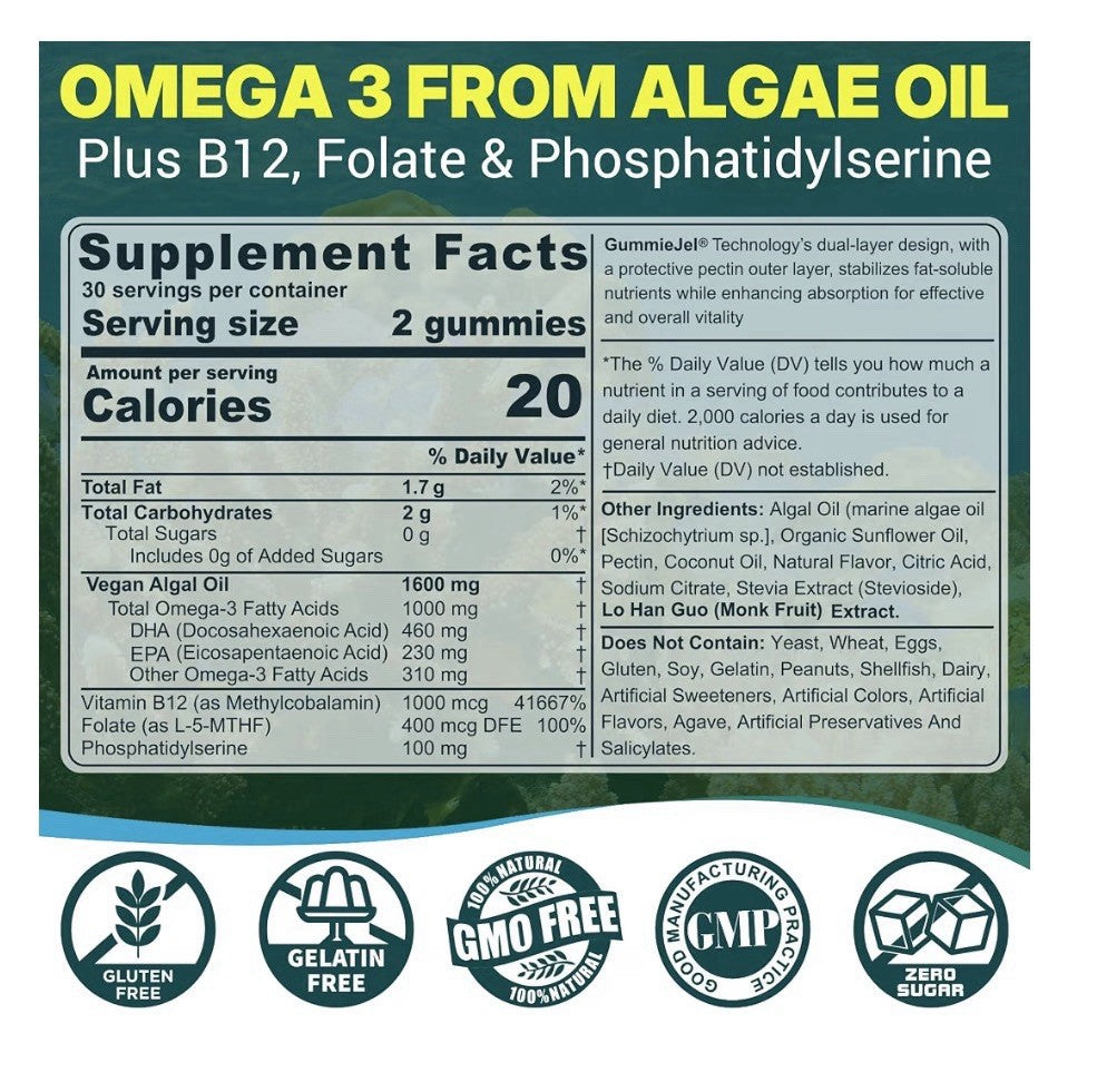 2 Pack Neviss Vegan Algae Omega-3 DHA + EPA Gummies for Adults Sugar Free