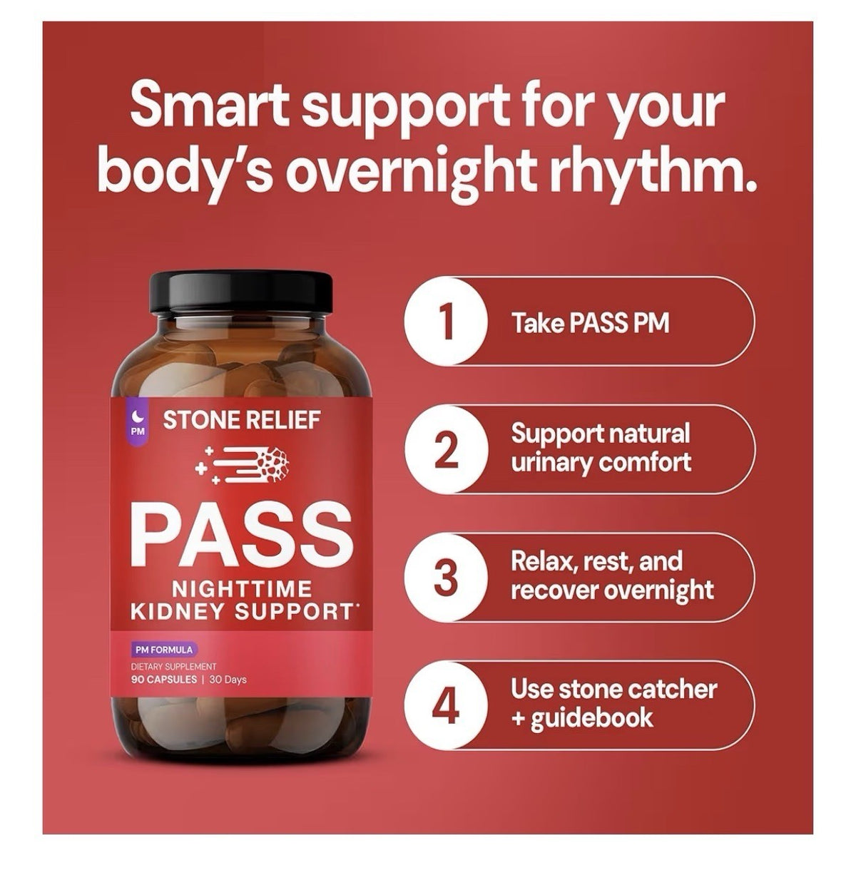STONE RELIEF PASS Nighttime Kidney Support Herbal Blend Supplement 90 Capsules