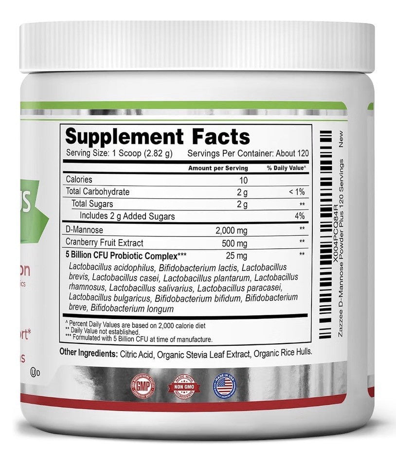 Zazzee D-Mannose Powder Plus With Cranberry & Probiotics 2000 mg 120 Servings