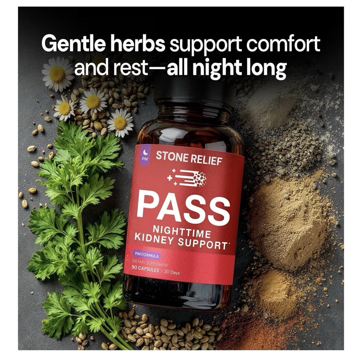 STONE RELIEF PASS Nighttime Kidney Support Herbal Blend Supplement 90 Capsules