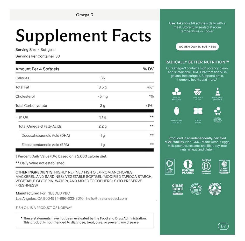 Needed. Prenatal Omega-3 High Potency Dose of Sustainably Sourced Fish Oil 120sg