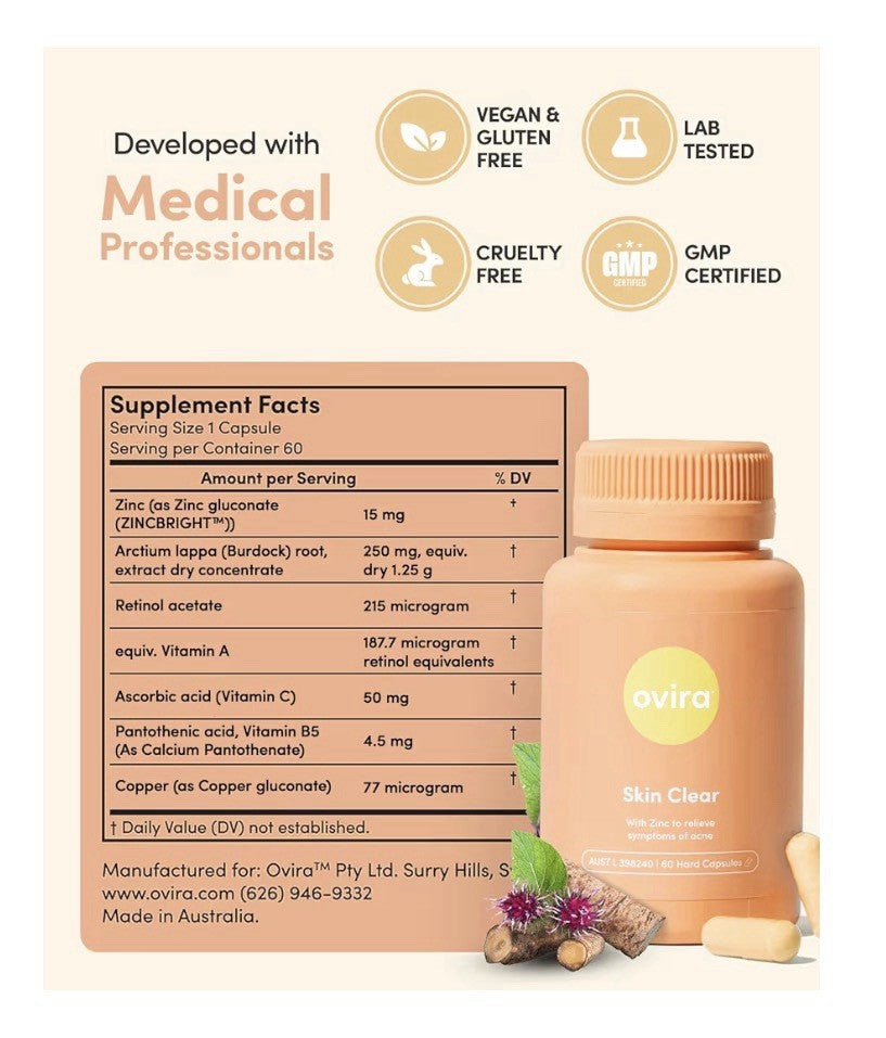 Ovira Skin Clear with ZINCBRIGHT for Clear & Glowing Skin Acne Treatment 60Caps