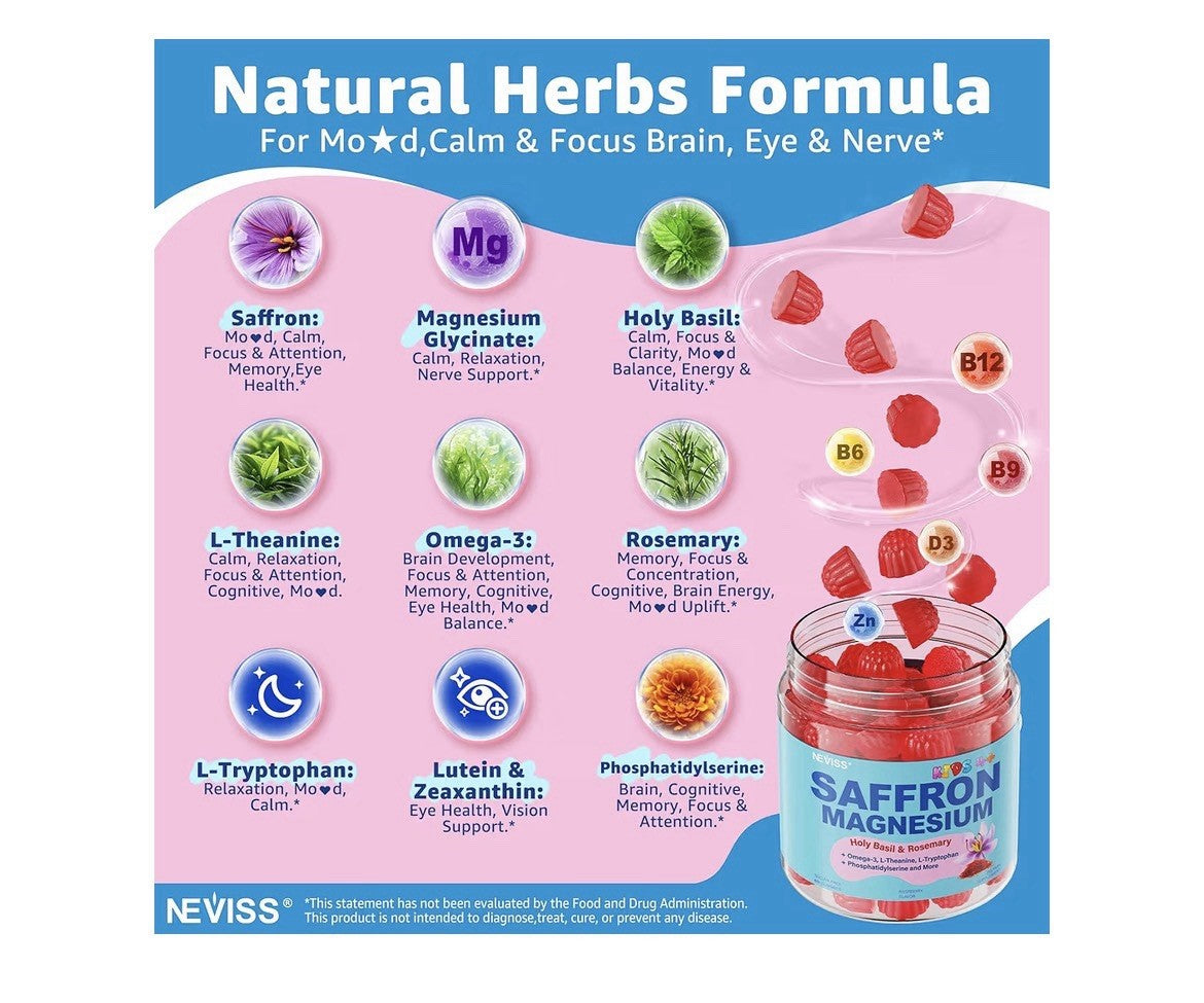 Neviss Saffron Magnesium Glycinate For Kids 4+ Focus Calm Happy Mood 60 Gummies