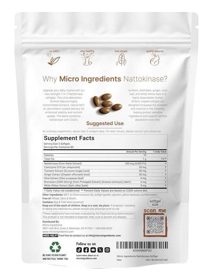 Micro Ingredients Nattokinase 4,000 FU CoQ10, Bromelain Turmeric 240 Softgels