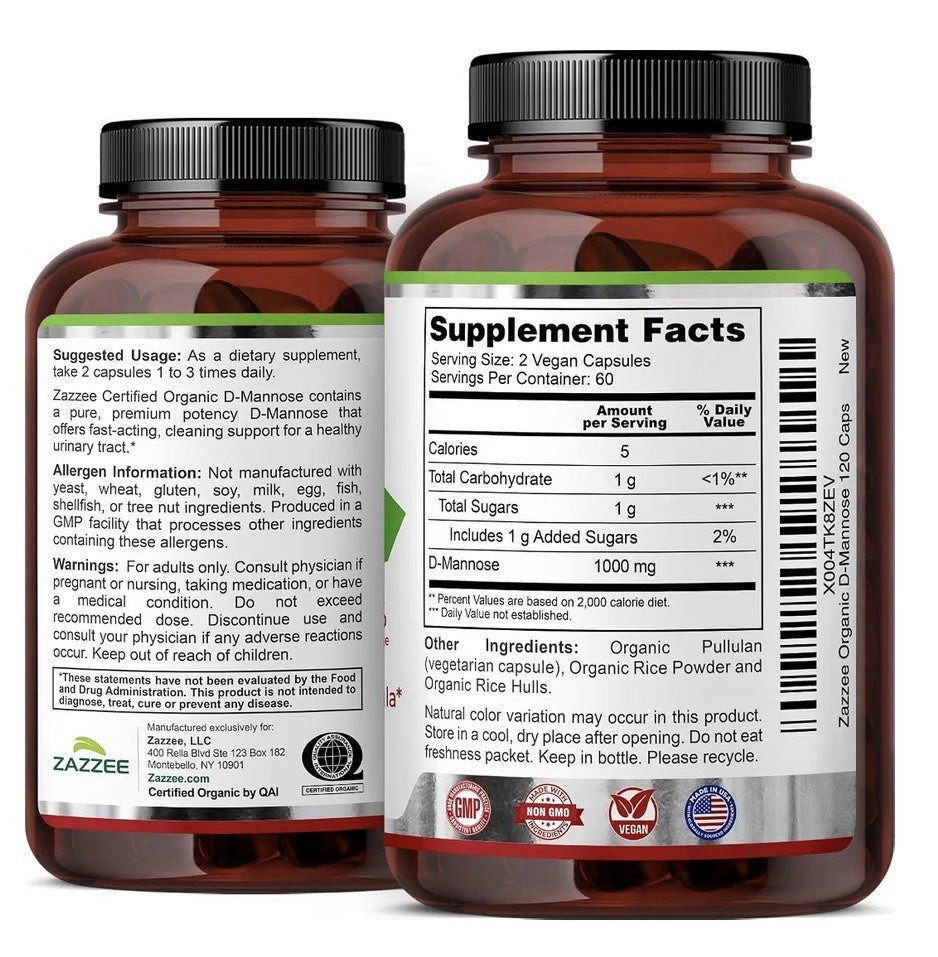 Zazzee Organic D-Mannose 1000 mg Urinary Tract Bladder Support 120 Veg Capsules