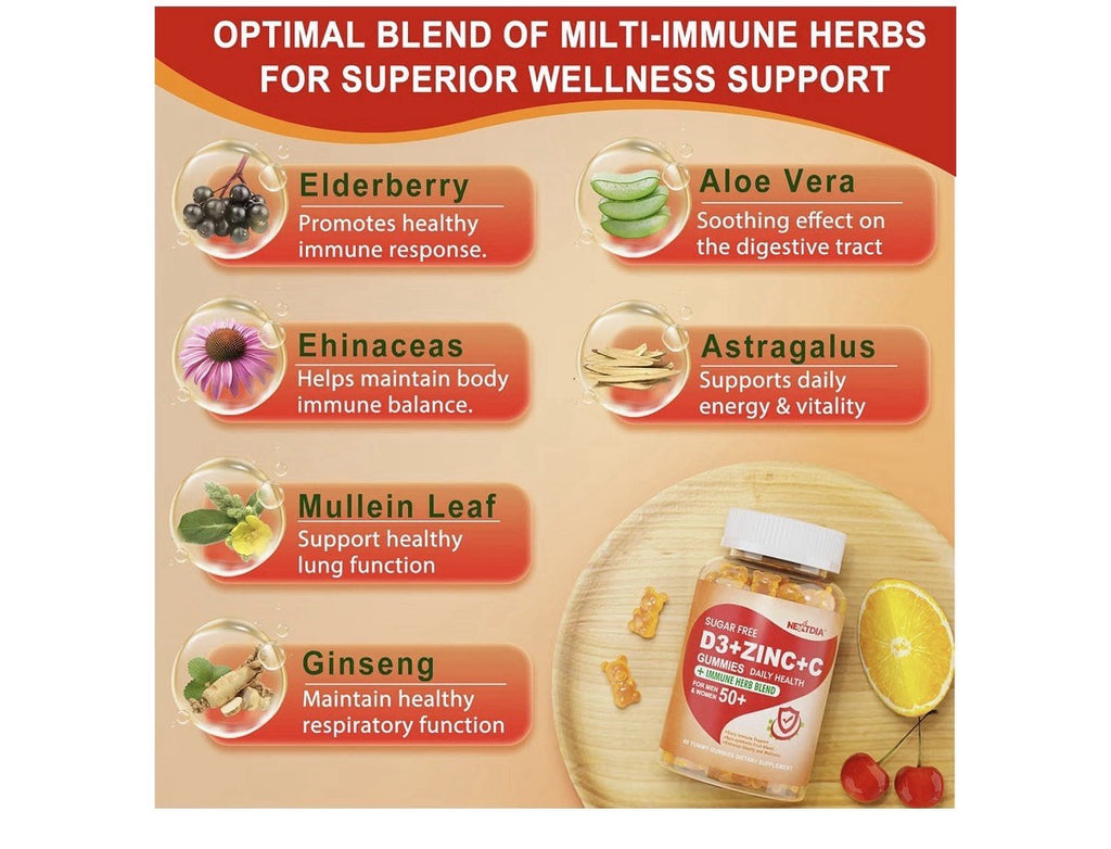 Nextdia D3 + Zinc + C Gummies For Adults 50+ Immune Support 60Gummies Sugar Free