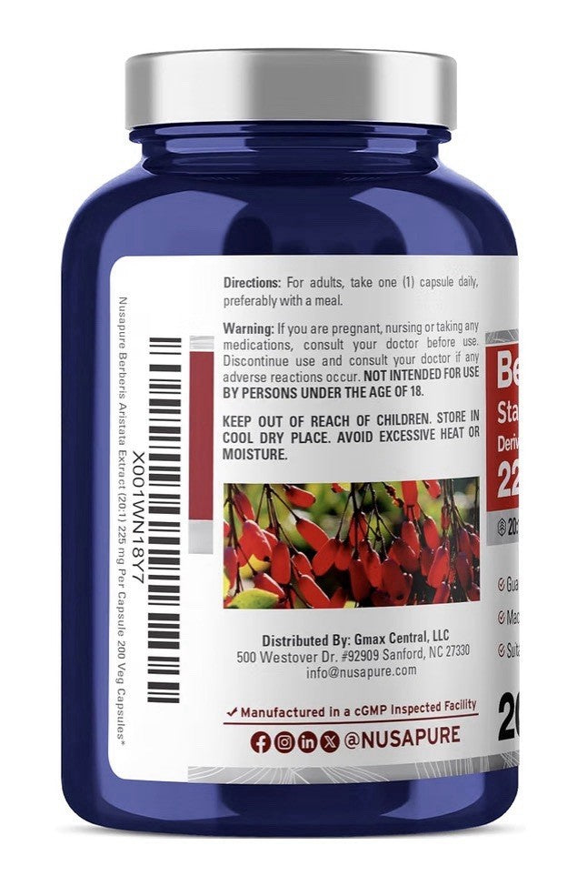 NusaPure Berberis Aristata 225mg Per Serving 200 Veg Capsules 200 Servings