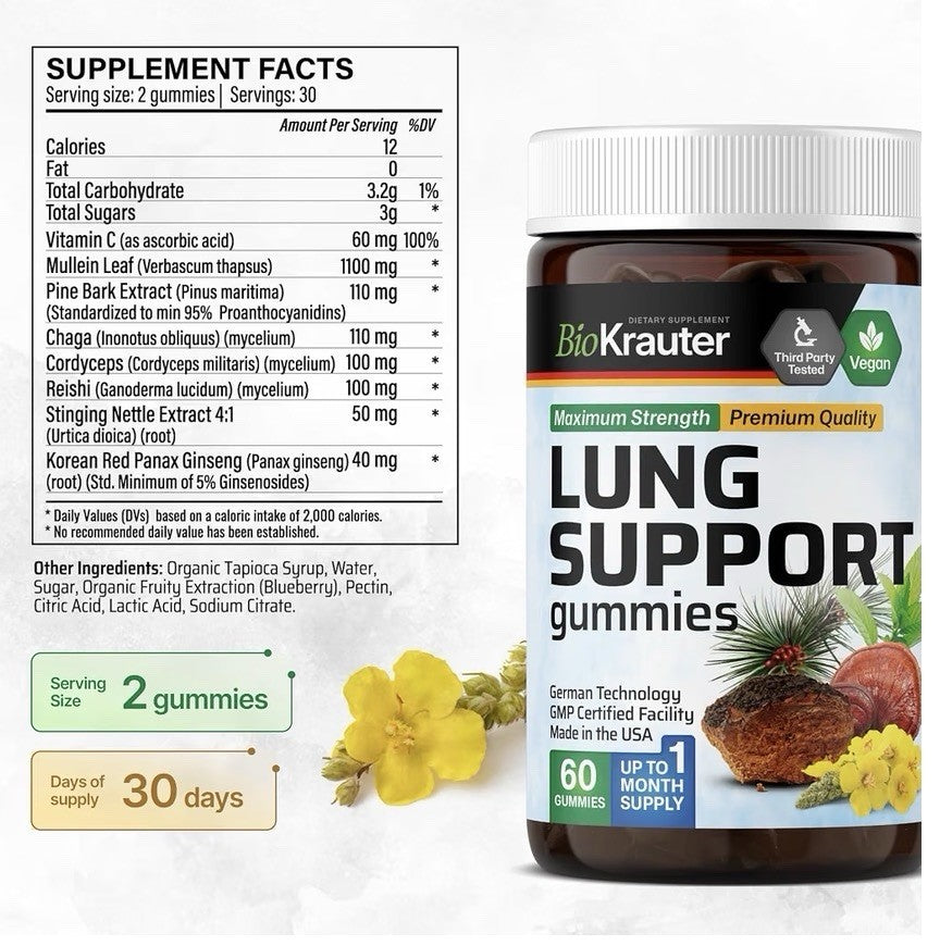 BIO KRAUTER Lung Support Gilummies Detox Respiratory Support 60 Mullein Gummies