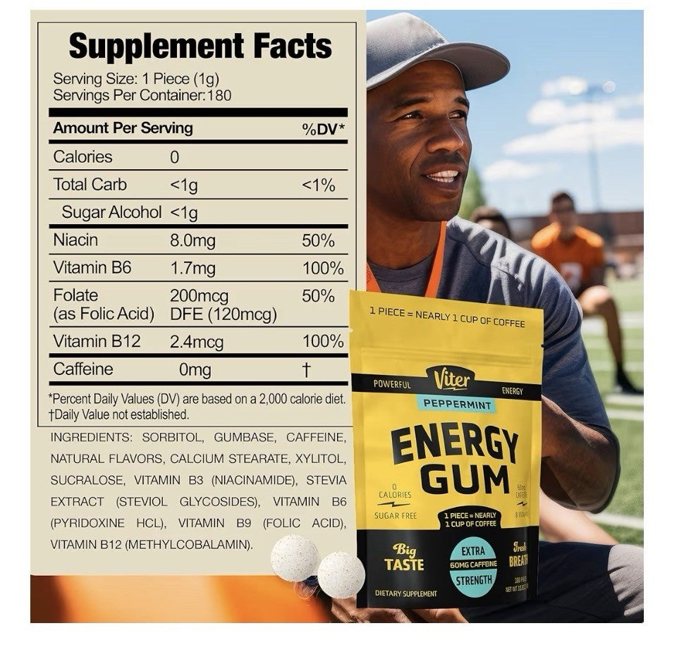 Viter Energy Gum Peppermint Vitamin B3 B6 B9 B12 Caffeinated Total 180 Pieces