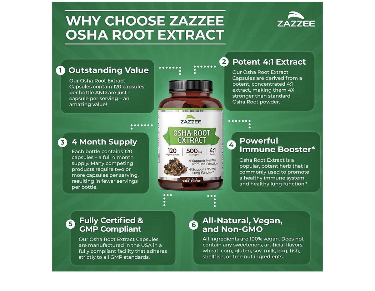 Zazzee OSHA Root Extract healthy Immune Lung Function 4 Month Supply 120 Capsule