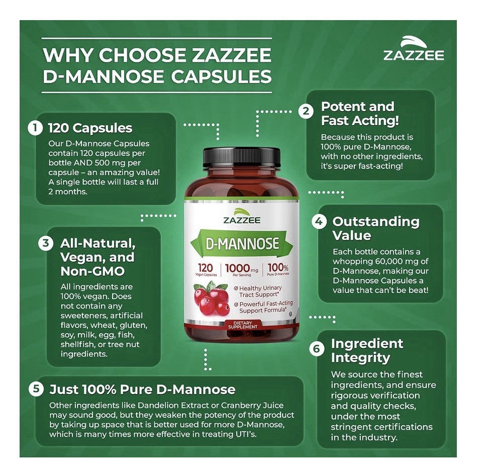 Zazzee D-Mannose Healthy Urinary Tract Support 2 Month Supply 120 Capsules