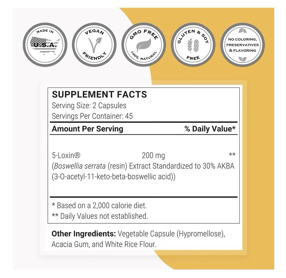 Supersmart 5-Loxin 200mg per Day Patented AKBA Supplement 90 Vegetarian Capsules