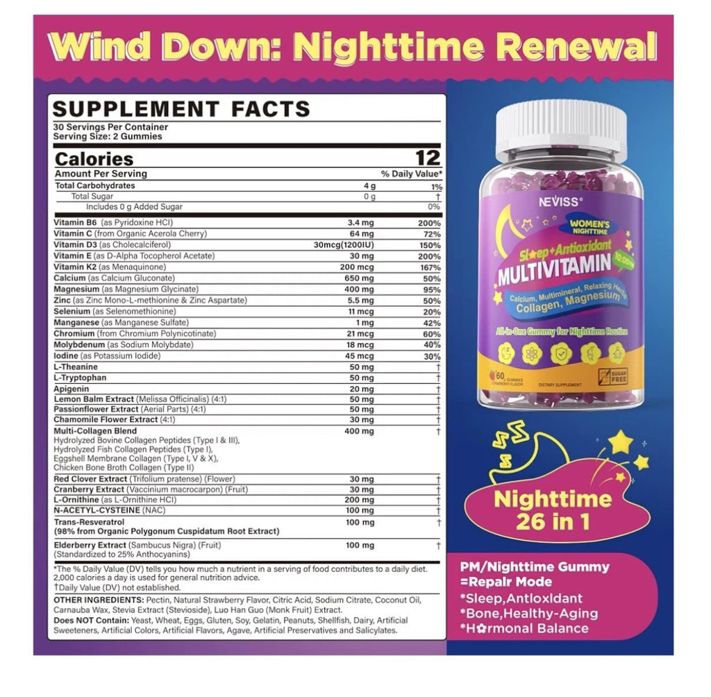 NEVISS Multivitamin Women Nighttime Sleep Antioxidant 60 Gummies
