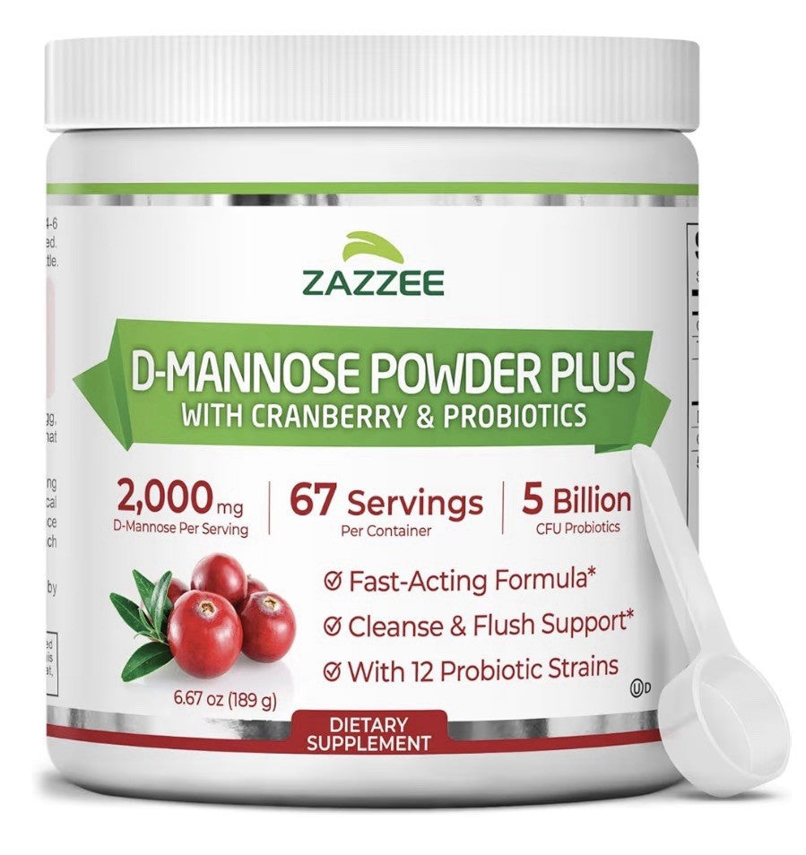 Zazzee D-Mannose Powder Plus With Cranberry & Probiotics 2000 mg 67 Servings