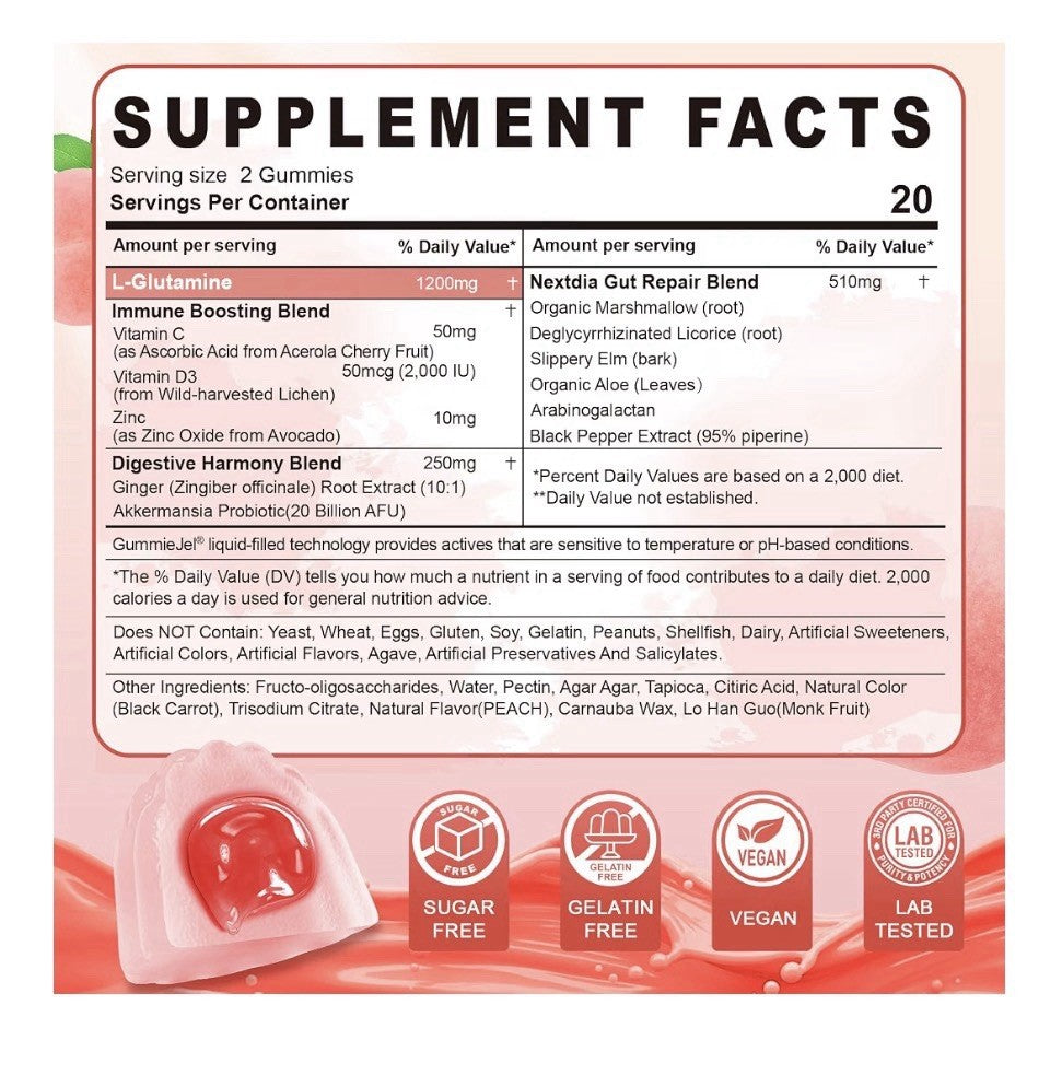 Nextdia L-Glutamine 1200mg Gummies Leaky Gut Immune Digestive Support 60 Gummies